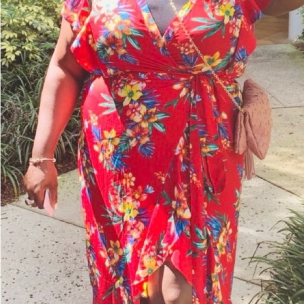 FTF Red Floral Wrap Dress with Tie Waist